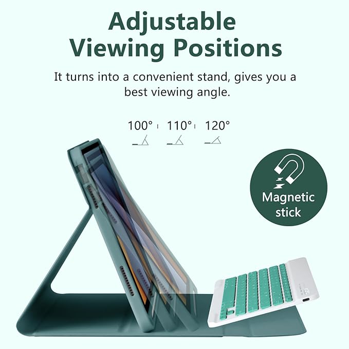 MMK iPad A16 Case (2025, 11"), iPad 10th Generation Case with Keyboard (2022, 10.9"), Wireless Detachable Keyboard, Pencil Holder (Dark Green)
