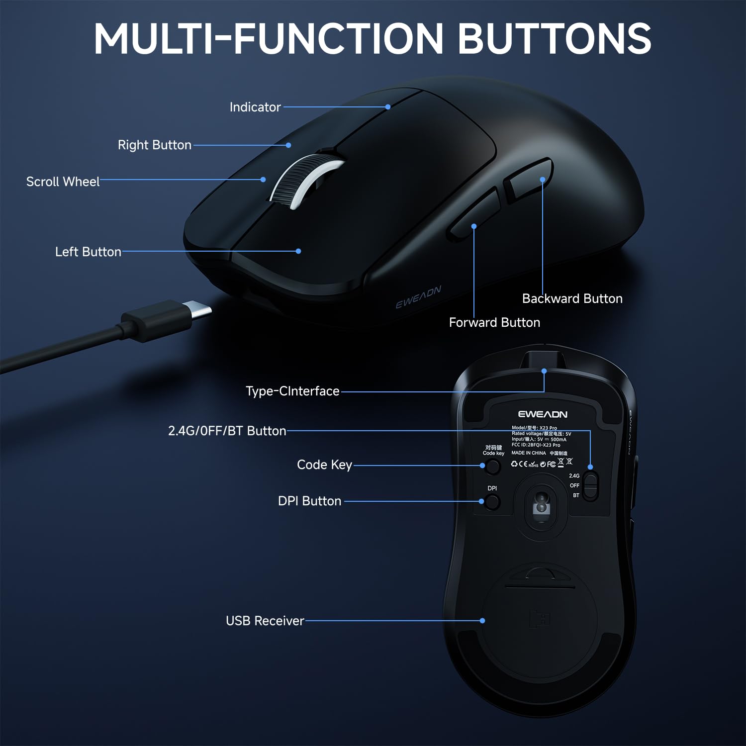 SEUNKWANG EWEAND X23 Pro Gaming Mouse, Tri-Mode 2.4G/USB-C/Bluetooth Wireless Mouse, PAW3311 Sensor, 12,000 DPI, 59g Lightweight, 1ms Ultra-Low Delay, Gaming & Computer Mouse for Laptop/PC/Mac-Black