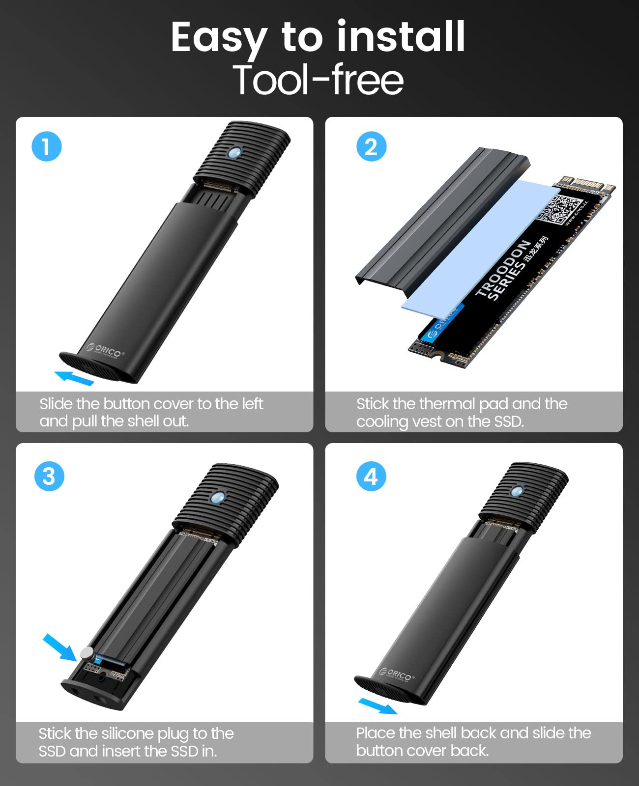ORICO M.2 NVMe SATA SSD Enclosure Adapter Tool-Free, USB C 3.2 Gen 2 10Gbps NVMe, 5Gbps NGFF SATA PCIe M-Key(B+M Key) 2230/2242/2260/2280, Aluminum External M2 Reader Support UASP Trim- PWDM2-BK