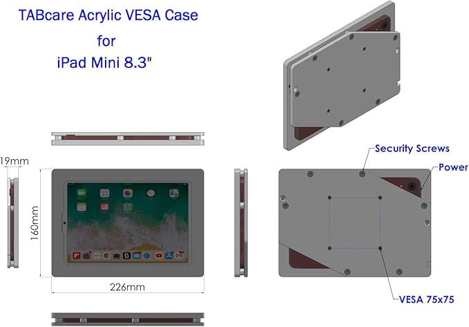 TABcare Anti-Theft Acrylic VESA Enclosure for Apple iPad mini 6/7 8.3" 2021 with Free Wall Mount Kit & 90-Degree Angle USB C Charge Cable (iPad mini 6 8.3", Black)