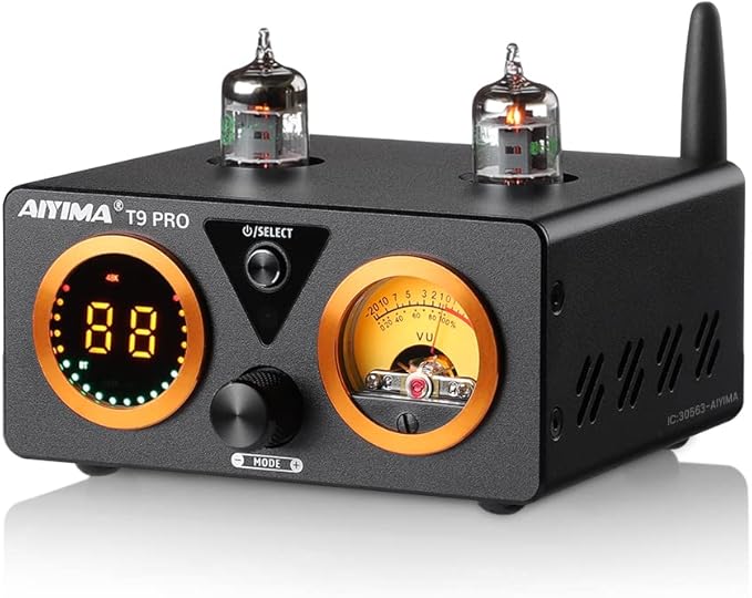 AIYIMA T9 PRO 200W Bluetooth Amplifier HiFi Digital Class D Power Amp 2.0/2.1 Channel Vacuum Tube DAC Amp with VU Meter & Bass Treble Bluetooth 5.2 Coaxial Optical PC-USB inputs