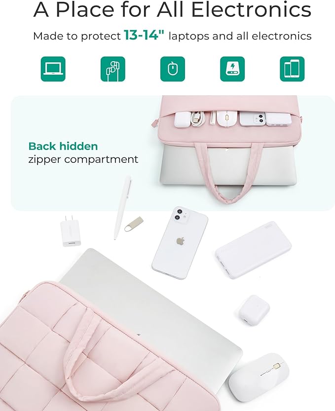 BAGSMART 13-14 Inch Laptop Case, Portable Puffy Laptop Sleeve with Handle, Compatible with MacBook Air/Pro 13.3 13.6 Inch M4 M3 M2 M1, Computer Sleeve Fitted with Dell,HP, Pink