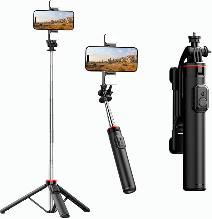 C13D 53" Selfie Stick Tripod with Fill Lights, Bluetooth Remote – Detachable Phone Mount, Dual Light Modes, for iPhone, Android, GoPro & Camera