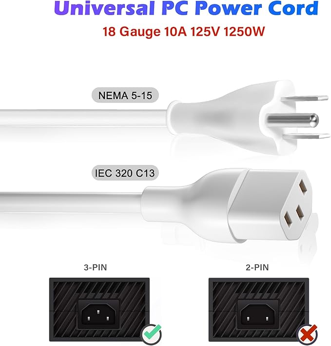Adoreen 2 Ft Computer TV Replacement Power Cord White, 18AWG 3-Prong AC Universal Power Supply Cable NEMA 5-15P to IEC 320 C13 for Printer, PC, Monitor TV LCD, ETL+Ties