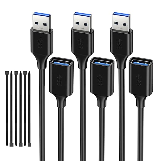 USB 3.0 Extender Cable 1FT (3 Pack), USB A Female to Male, Compatible With Flash Drive, Hard Drive, Card Reader, Webcam, Printer, Keyboard, Mouse, PlayStation, Xbox, VR Headset