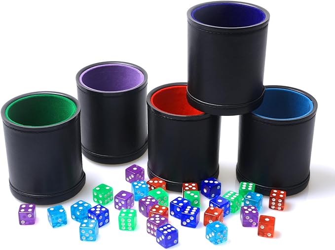 RERIVER 5 Pack PU Leather Dice Cups Velvet Felt-Lined Shaker Cups with 30 Dot Dice for Bar Party Yahtzee Farkle Dice Games