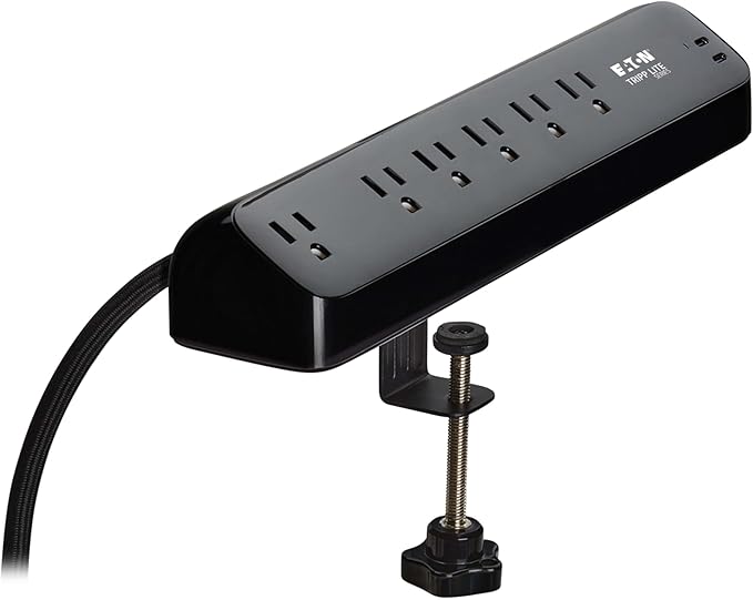Eaton Tripp Lite series Desk Clamp Power Strip Surge Protector, 6-Outlets, 2x 30W USB-C Charging Ports, 900 Joules, 10ft Braided Flat Extension Cord, Lifetime Manufacturer's Warranty (TLP610U30CLAMPB)