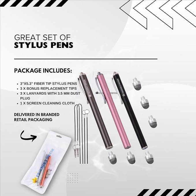 The Friendly Swede Mesh Tip Stylus Pen for Touchscreen — 3-Pack Micro-Knit Capacitive Stylus Pen for iPad & iPhone with 3 Replaceable Fiber Tips, Elastic Lanyards & Screen Cleaning Cloth