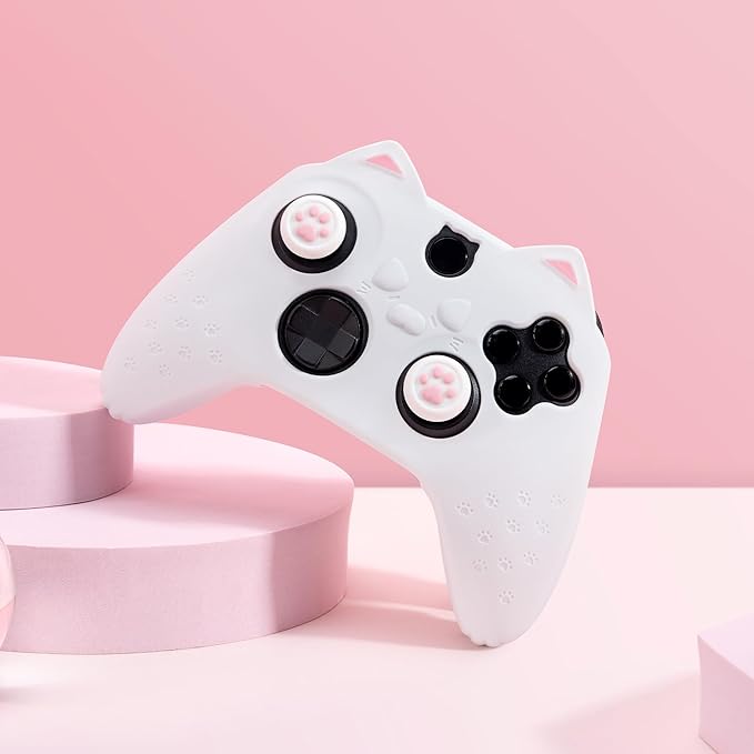 GeekShare Cat Paw Controller Skin Grips Set Anti-Slip Silicone Protective Cover Skin Case Compatible with Xbox Series X Controller with 2 Thumb Grip Caps and 1 Sticker (White)