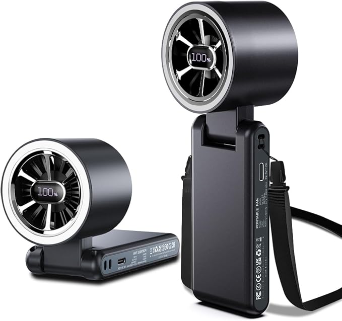 CAZOKASI Rechargeable Strong Wind Handheld Fan With Ambient Lighting 4 IN1 5000mAh Upto 22H For Desktop Waist Clip Neck (StrongWind/Black)