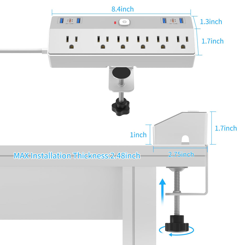 Desk Clamp Power Strip with 40W Fast Charging USB-C, JXGUCAT 10Ft Desk Mount Surge Protector with 6 Outlets 6 USB Ports, Flat Plug Extension Cord Home Office Essentials, Fit 2.48" Tabletop Edge