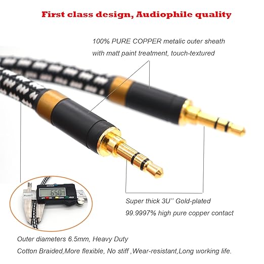 Aux Cord, Audiophile 3.5mm Stereo Audio Cable [2m (6.5 Feet), Silvered-Plated Copper core], Unbreakable and Great for Laptop, Tablets, Headphones, Cars and More.