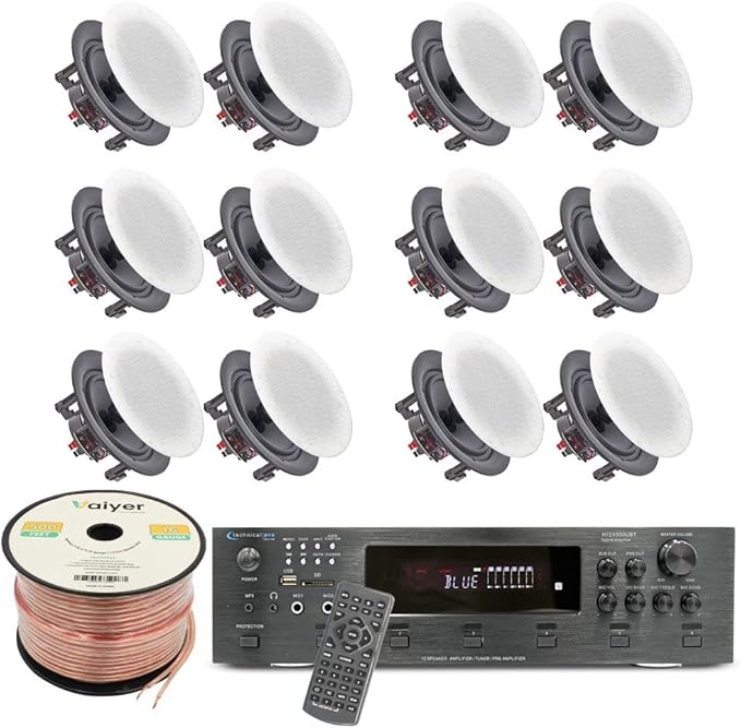 Vaiyer Home Theater System Kit, 6-Channel 6000 Watts Bluetooth Amplifier with 5.25" 12 Qty of 175 W Each in-Wall in-Ceiling Frameless Speakers & 16 Gauge 500 ft Speaker Wire Surround Sound System