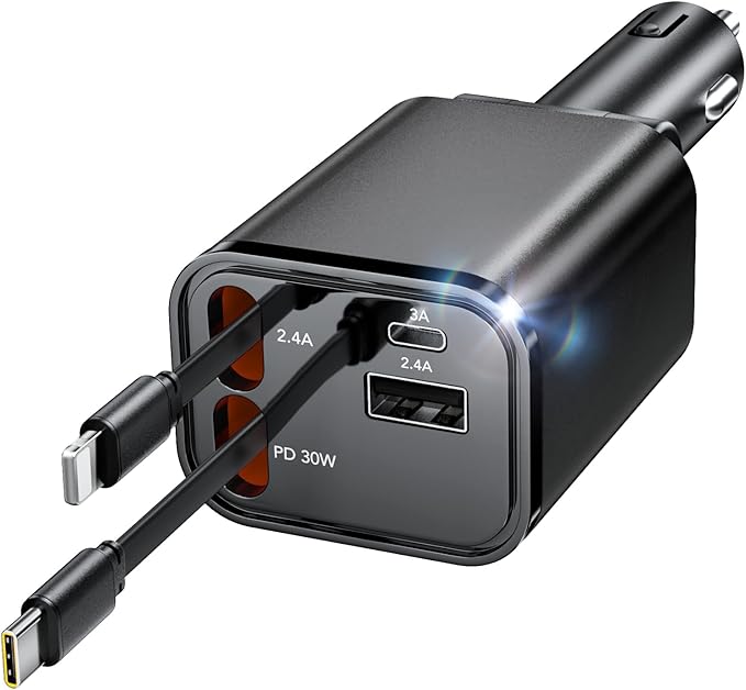 Retractable Car Charger, 4 in 1 Fast Car Charging 60W, Compatible for iPhone 16 Car Travel Essentials Charger, Women Men for Gifts USB C Car Honda Civic Accessories Adapter Compatible for iPhone 16 15