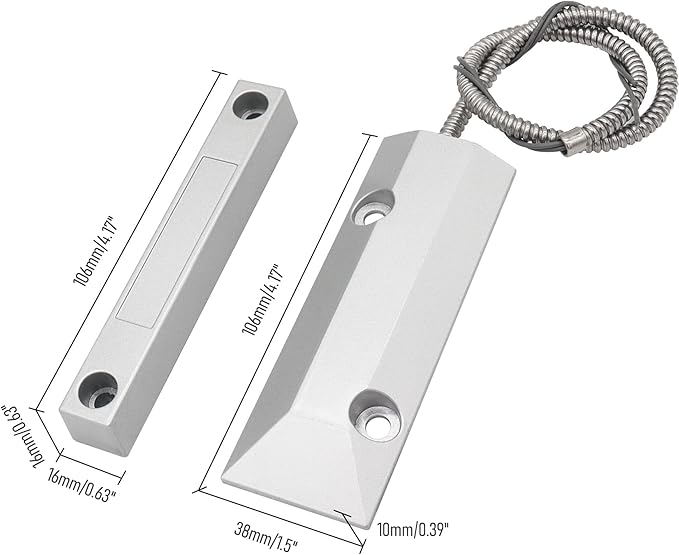 Magnetic Reed Switch Wired Surface Mount Normally Open NO Contact Sensor Alarm Magnetic Door Switch with 2 Wires, Zinc Alloy Sliver, OC-55