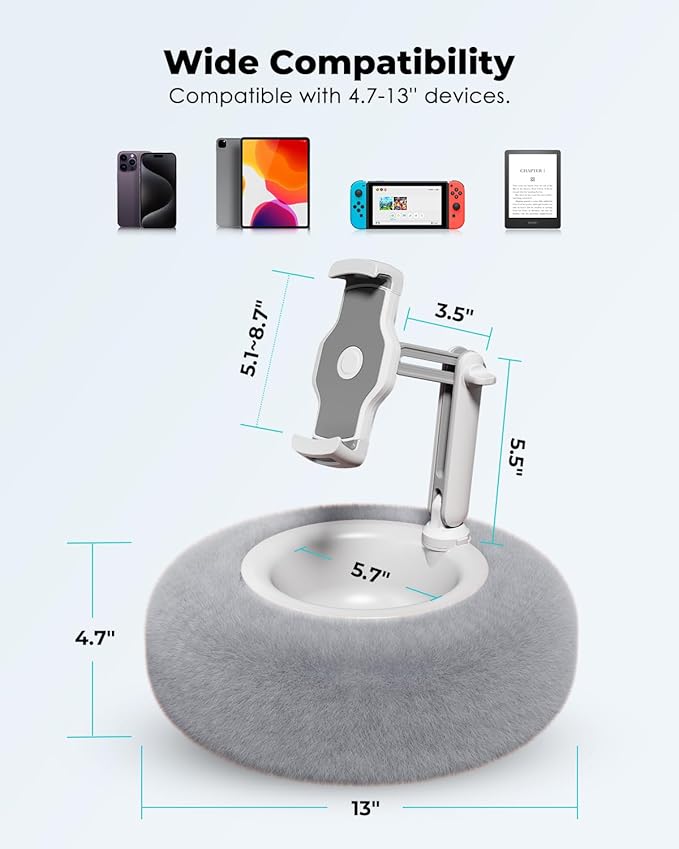 Viozon Tablet Stand Pillow, Compatible with 4.7"-13" Phone/Tablet, iPad, iPhone, Samsung, Google, Kindle, 360°Adjustable Phone Holder for Bed with Soft Plush Fabric, and Detachable Bowl, Grey