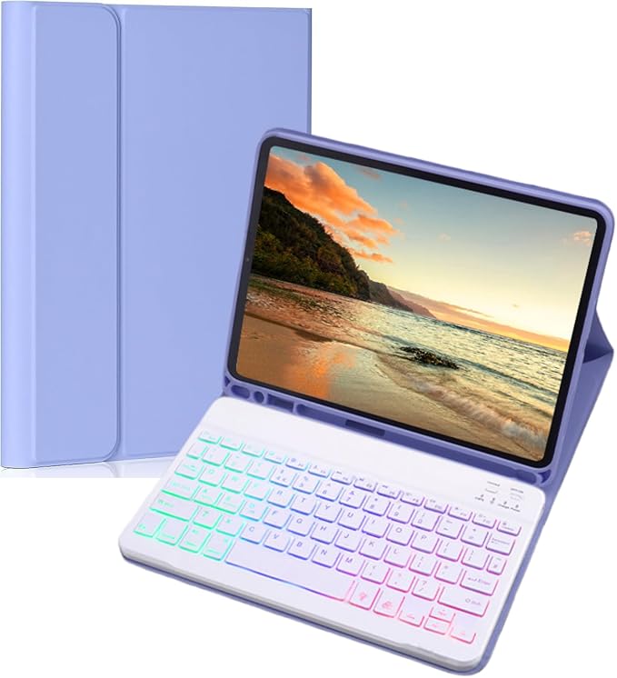 Keyboard Case for Galaxy Tab A8 10.5 Inch 2022, Slim Lightweight 7 Color Rainbow Backlight Detachable Magnetic Keyboard Cover with S Pen Holder,Purple