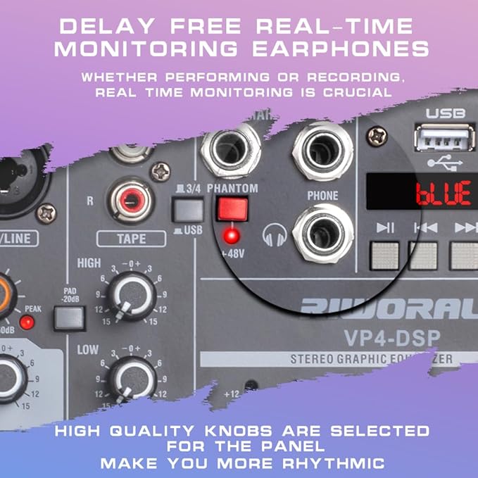 6 Channel Audio Interface DJ Mixer With 99 DSP Effects XLR 1/4 inch Jack USB Bluetooth Echo Delay Effect, Input 48V Phantom Power Stereo DJ Mixers for Recording, Live Streaming, Podcasting