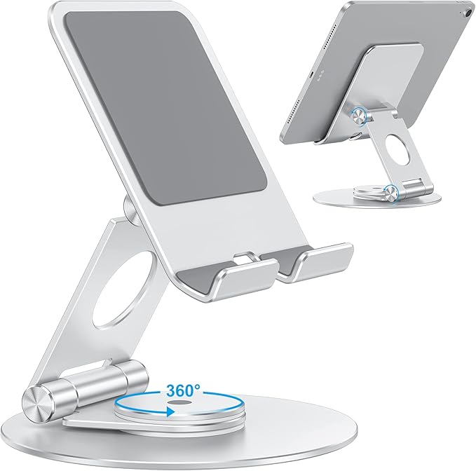 OMOTON Swivel Tablet Stand for iPad with 360 Rotating Base, Foldable Adjustable Holder for Drawing, Compatible with iPad Pro/Air/Mini and More, Silver