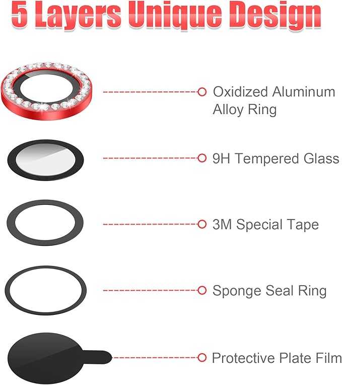 AGVEE 3+3 6 Pack for iphone 12 Pro/12/12 Mini/11 Pro Max/11 Pro/11 Camera Lens Cover Protector, Bling Diamond & Bling Glitter Metal Ring 9H Tempered HD Glass Camera Protector, Bling-Red