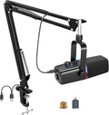 ZealSound XLR/USB Dynamic Microphone for Gaming Podcast,Mic for iPhone Phone PC Computer Gaming Streaming Microphone with RGB Light,Mute Button,Mic Gain,Headphones Jack,Boom Arm Stand,Singing YouTube