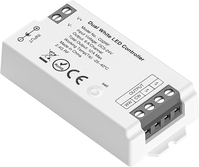 BTF-LIGHTING C02RF Tuya Controller Support PWM 5050SMD FCOB COB CCT(+ CW WW) 3pin Dual While LED Strip Support with WR02RF RC02RFB Remote DC5V/DC12V/DC24V Max 12A Indoor Use Only(NO Remote NO Power)