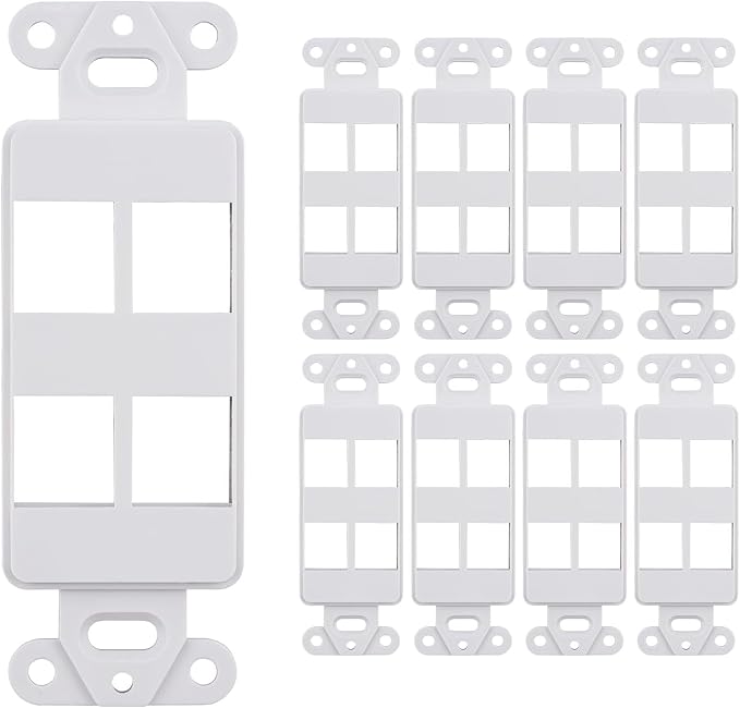10 Pack Keystone Wall Plate 4 Port, White Decorator Insert Cover for Ethernet, HDMI, Coax, Cat6 Cat5, RJ45, Home & Office Installations