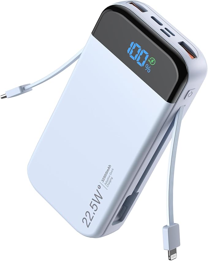 Portable Charger Power Bank 32000mAh with Built in Cables, PD3.0 USB C Fast Phone Charger, 5 Outputs LCD Display Travel Battery Pack Compatible with iPhone, Samsung All Cell Phones (Blue)