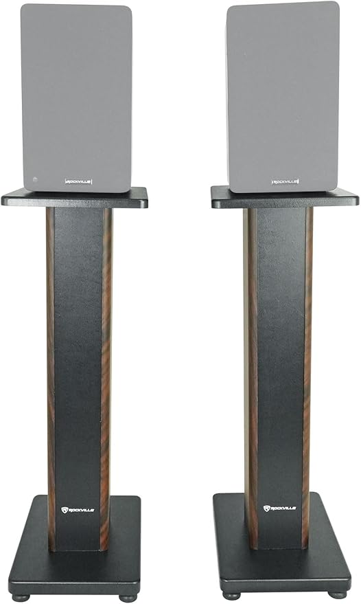 Rockville Pair RHT28D 28" Bookshelf Speaker Stands, Dark Wood Grain, 60 lbs Capacity, Sand-Fillable Design, Dual Platform Sizes, Anti-Slip Pads, for Home Theater and Studio Monitors