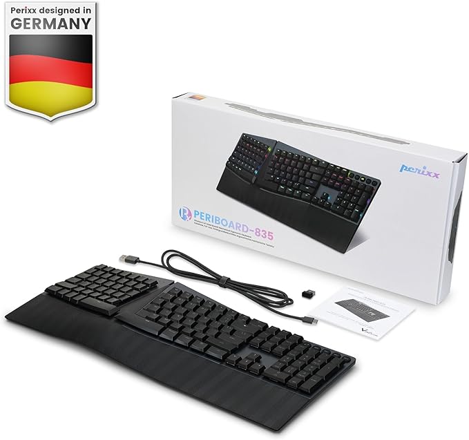 Perixx PERIBOARD-835BR Wireless Ergonomic Mechanical Keyboard - RGB Backlit - Low-Profile Brown Tactile Switches - Multi-Device Connection - Compatible with Windows and Mac OS X - US English