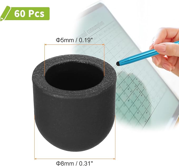 MECCANIXITY 60Pcs Replacement Stylus Pen Tips 8mm Conductive Capacitive Touch Screen Pens Tips Silicone Rubber, Black