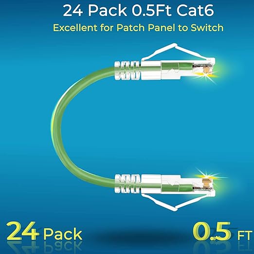 Rapink Patch Cables Cat6/ Cat6a 0.5ft (24 Pack) Slim, Cat6a Ethernet Patch Cable 10G Support, Snagless Cat 6 Patch Cable for Patch Panel to Switch, Flexiable Cat6 Ethernet Cable Green