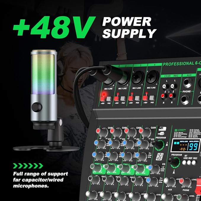 MW-6 black 6-Channel Professional DJ Audio Mixer Portable Controller Mixer with DSP 99 Preset Effects for Live Streaming, Podcasting, Home Party