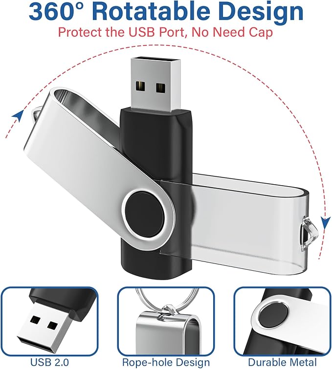 Flash Drives 32GB 20 Pack with Keychains, Wooolken Swivel USB 2.0 Thumb Drives Bulk Jump Drive Memory Stick USB Date Storage (Black)