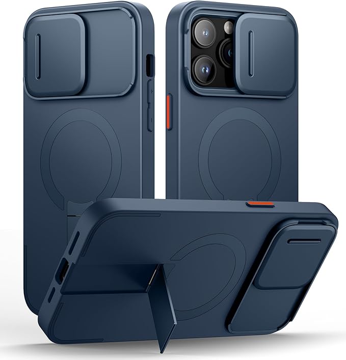 SURITCH for iPhone 14 Pro Max Case with Magnetic Camera Slide Cover and Adjustable Kickstand, Compatible with MagSafe, Shockproof Bumper Case Slim Protective Cover 6.7 Inch, Blue