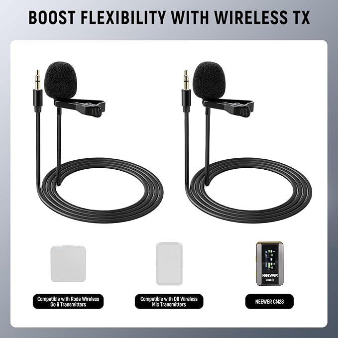 NEEWER Lavalier Lapel Microphone (2 Pack), Omnidirectional Condenser Wired Clip On Lav Mic for Stage YouTube Live Streaming Compatible with Rode Wireless GO II 2 DJI Wireless Mic Transmitter, CM5