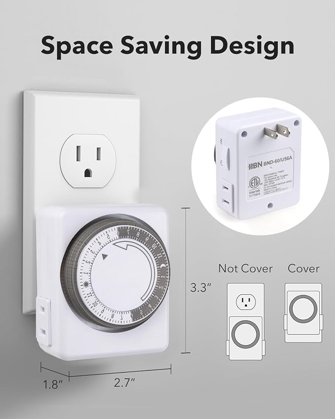 HBN Outlet Timer for Electrical Outlets Indoor, 24 Hour Mechanical Light Timers for Lamps, Dual 2-Prong Plug-in Outlets, 15-Minute Intervals, Heavy Duty Daily Cycle, 2 Pack