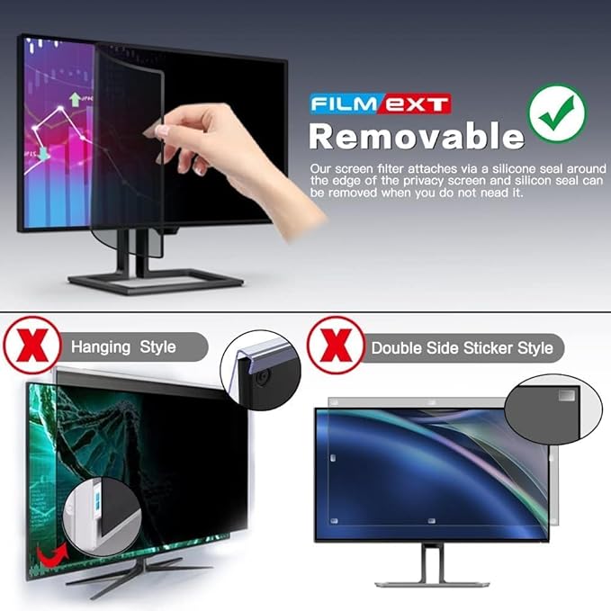 FILMEXT [2023 Upgrade Removable Computer Privacy Screen Filter for 28 inch Frameless Monitor, Anti Spy Blue Light Filter, Anti-Scratch, Easy On/Off Screen Protector for 16:9 Aspect Ratio