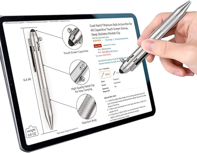 Cool Hand 4.9'' Titanium Bolt Action Pen Stylus for Touch Screen, Ballpoint Ink Refillable, Compact Size, Skelton Out Deep Pocket Clip for Easy Carring