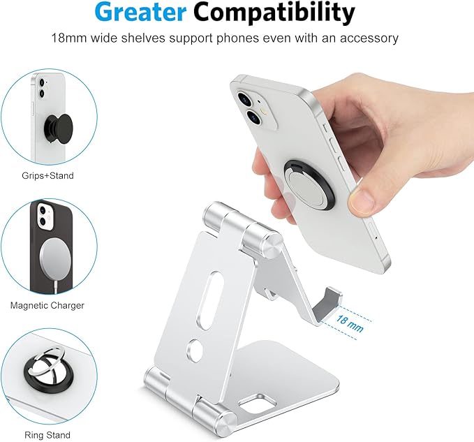 OMOTON Foldable Cell Phone Stand, C4 Portable Aluminum Phone Holder, Adjustable Phone Dock Cradle Compatible with iPhone 16/15/14/13 Pro Max, Samsung Galaxy, Small Tablets, All Smart Phones, Silver