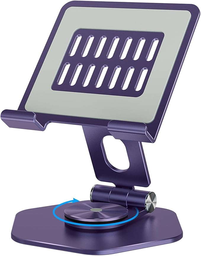 Foldable Aluminum Tablet Stand for Desk, 360° Swivel iPad & Tablet Holder – Portable & Stable Desktop Mount for 5–12.9in Devices, Purple
