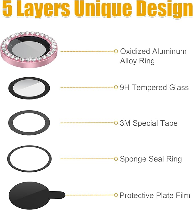 AGVEE 3+3 6 Pack for iPhone 13 Pro 6.1" / 13 Pro Max 6.7" Camera Lens Cover Protector, Bling Diamond & Bling Glitter Metal Ring 9H Tempered HD Glass Camera Cover Protector Film, Bling-Pink