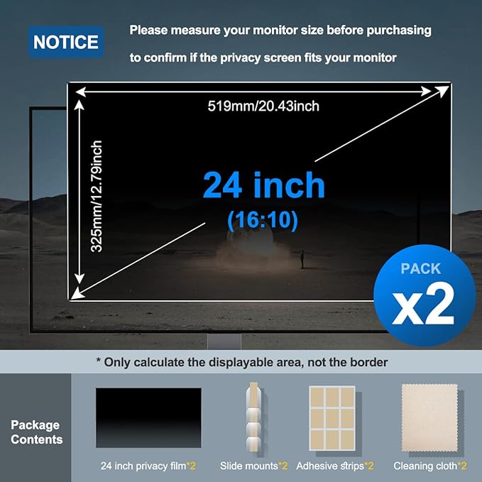 [2-Pack] 24 Inch Privacy Screen for Monitor Computer Screen Privacy Filter for 16:10 Widescreen Monitor Desktop PC Monitor Privacy Film Monitor Privacy Shield and Anti-Glare Protector