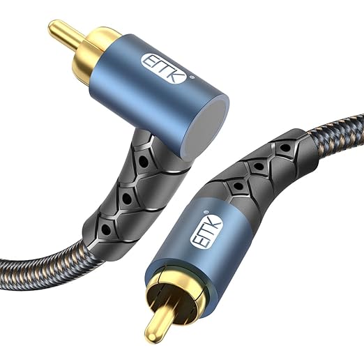 EMK RCA Subwoofer Cable 90 Degree RCA to RCA Audio Cable 24K Gold-Plated Nylon Braided Double Shielded Digital Analogue Supports Amplifiers,Home Theater,Hi-Fi Systems,Subwoofer(3.3ft/1m)