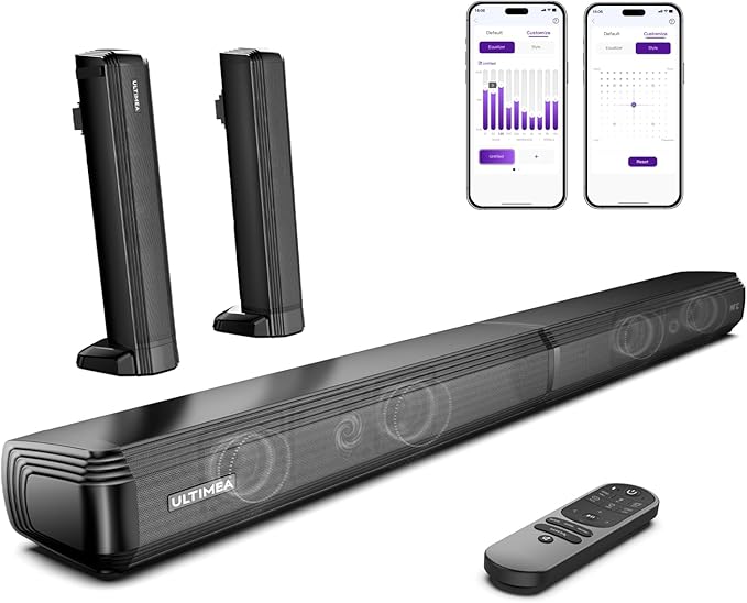 ULTIMEA 2.2ch Sound Bar for Smart TV, Peak Power 100W, 2-in-1 Detachable Sound Bar for TV, App, Bluetooth 5.3 TV Soundbar, 3 EQ Modes, BassMX Technology, HDMI-ARC/Opt/AUX, Apollo S40, 2025 Upgraded