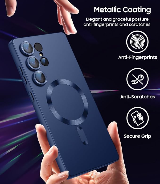 Magnetic for Samsung Galaxy S25 Ultra Case [Compatible with MagSafe][Built-in Camera Lens Protector] Slim Soft Silicone Bumper Shockproof Metallic Luster Phone Shell (Blue)