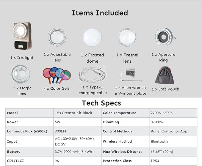 Iris Portable LED Photography Light Creator Kit with LCD Display, App Control, CRI/TLCI 96+, 2700-6500K Bi-Color On Camera Light for Content Creators, 5W, Black