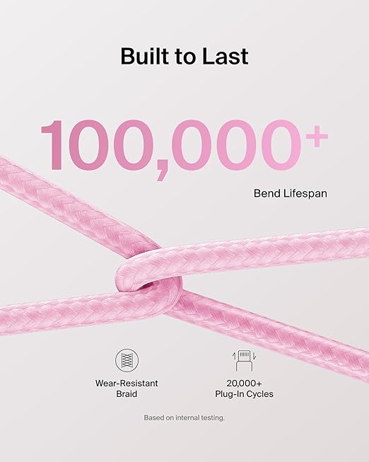 Belkin USB C to USB C Cable, 9.9ft, 60W - Type C Charger, iPhone Charger Cord, Soft, Braided, Flexible for iPhone 16, Galaxy S25, Pixel 9, Airpods, iPad Pro, Table & More, Travel Essentials - Pink