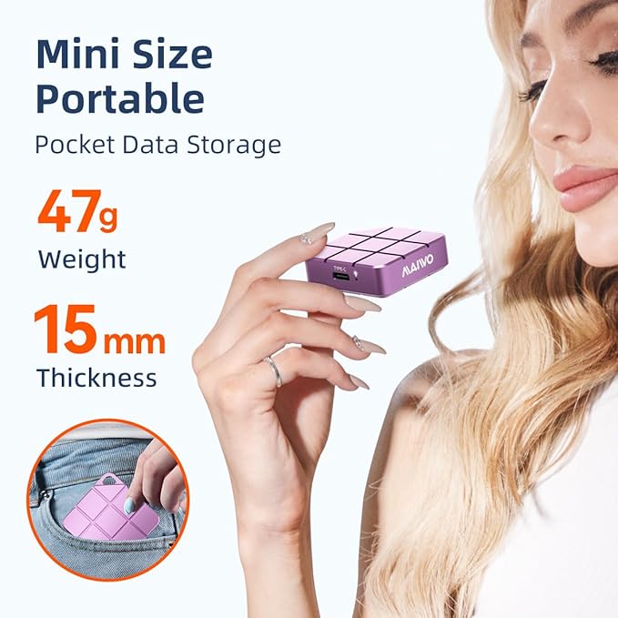 MAIWO 256GB Portable SSD External Solid State Drive, USB 3.2 GEN 2 Type-C Up to 1050MB/s, Mini PSSD for iPhone 15 Pro Max MacBook Pro PS5, Aluminum (Pinkish Purple)