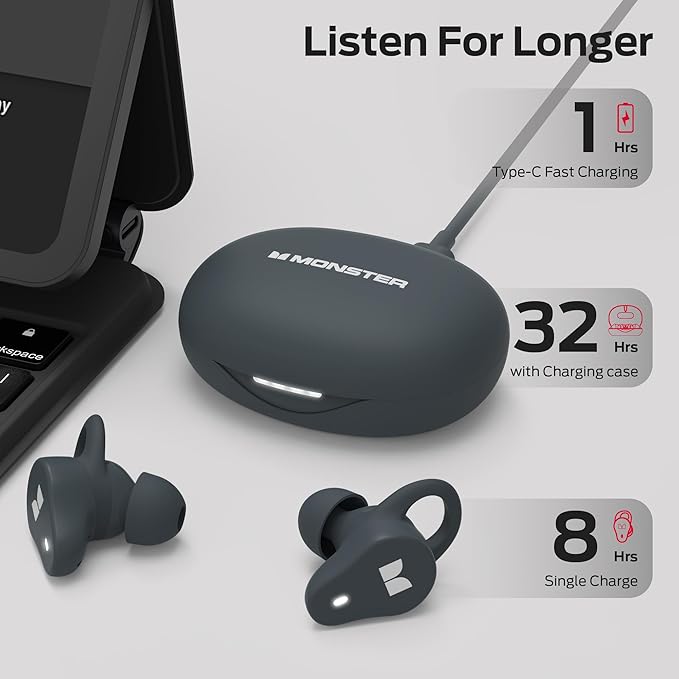 Monster N-Lite 210 Wireless Earbuds, Bluetooth 5.4 in-Ear Stereo Headphones, Built-in Mic for Crystal Clear Call, 32H Playtime, Type-C Charging, Waterproof in-Ear Ear Buds Earphones for Sports, Grey